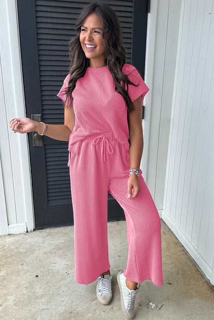 Solid Corded Knit Short Sleeve T Shirt And Wide Leg Pants Set | Bright Pink