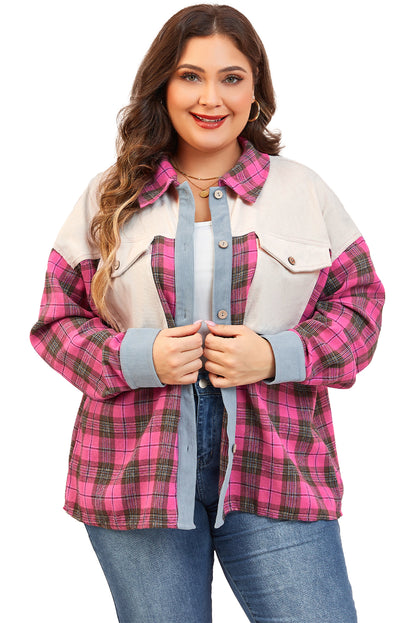 Plaid Print Waffle Knit Patchwork Plus Size Shirt | Red