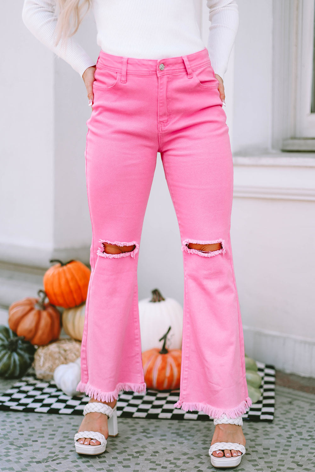 Vintage High Waist Flare Leg Ripped Raw Hem Jeans | Pink