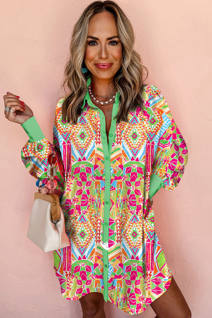 Western Geometric Print Cuffed Shift Shirt Dress | Orange