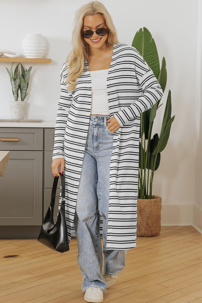 Print Open Front Duster Cardigan | Black Stripe