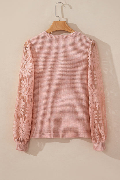 Sunflower Mesh Bubble Sleeve Waffle Knit Top | Peach Blossom