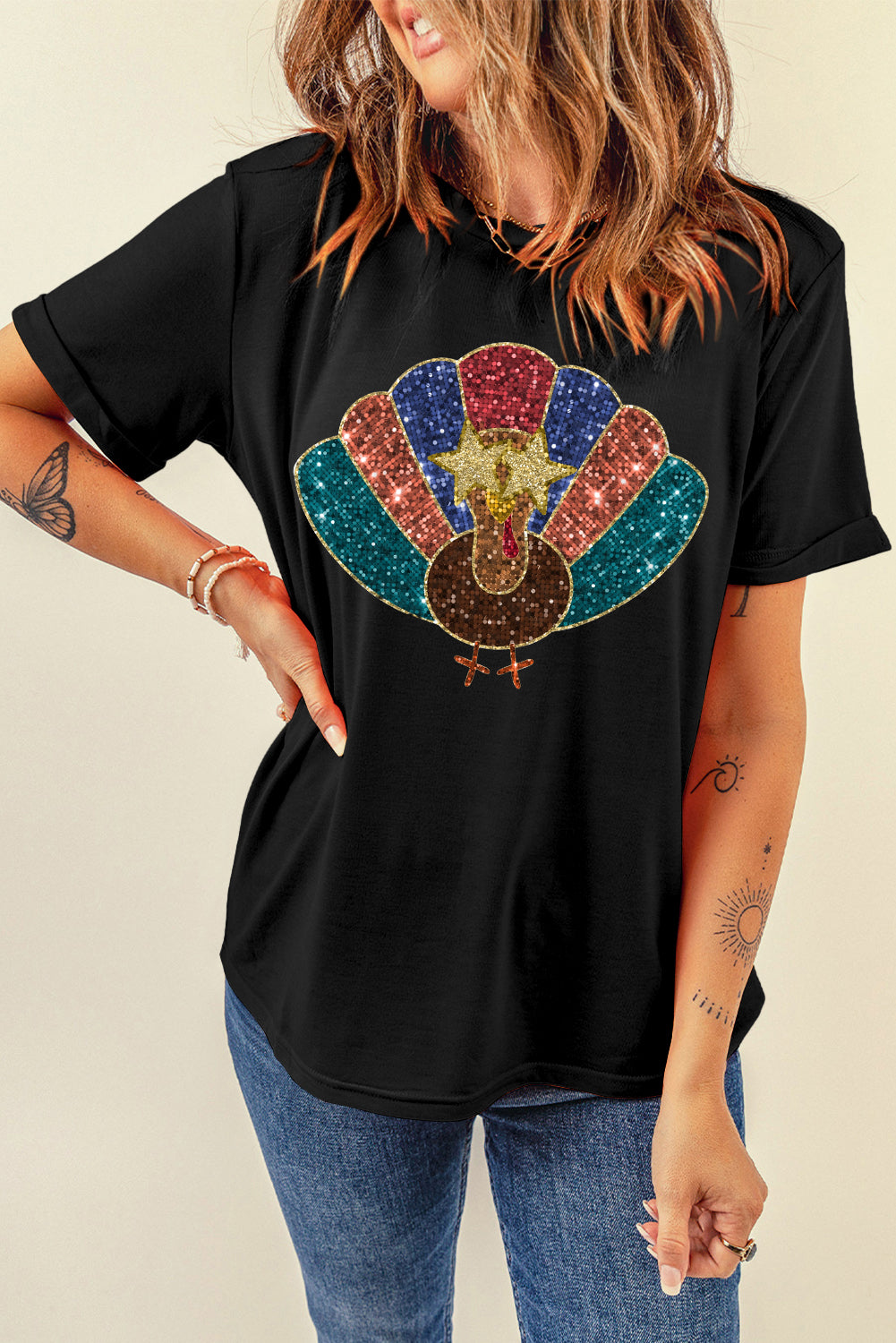 Glitter Turkey Heat Transfer Printing Thanksgiving T Shirt | Black