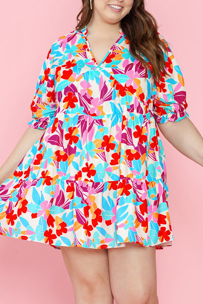 Floral Tiered V Neck Plus Dress | Multicolour