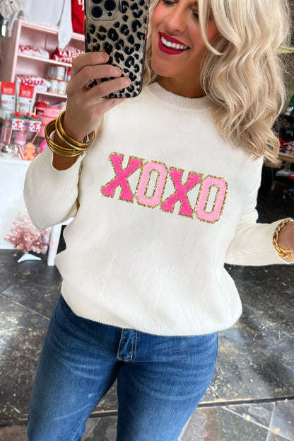 Xoxo Glitter Print Round Neck Casual Sweater | White