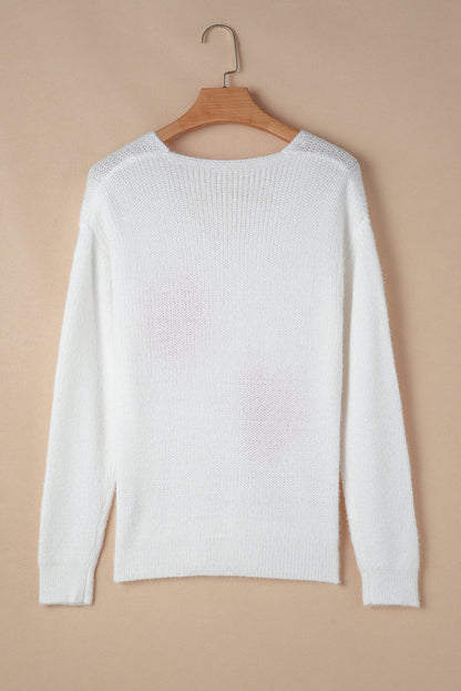 Pearl Beaded Heart Pattern Fuzzy V Neck Sweater | White