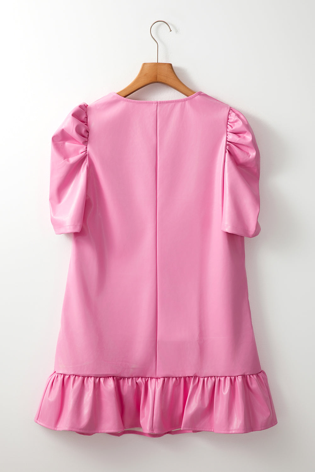 Pleather Bubble Short Sleeve V Neck Ruffled Hem Mini Dress | Sachet Pink