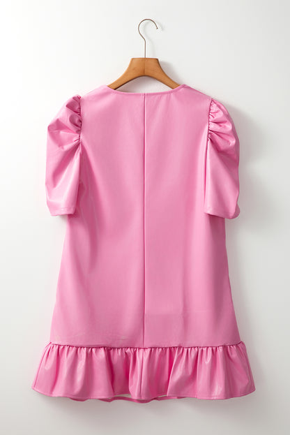 Pleather Bubble Short Sleeve V Neck Ruffled Hem Mini Dress | Sachet Pink