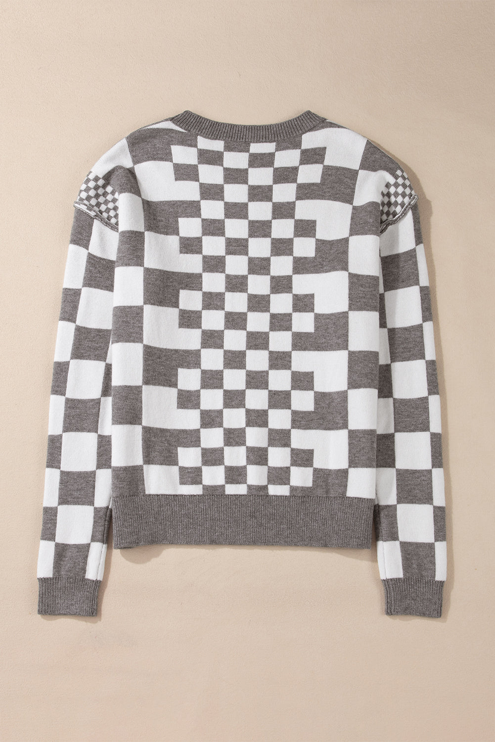 Checkered Print Drop Shoulder Round Neck Sweater | Gray