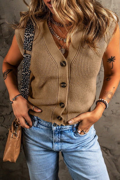 V Neck Buttoned Front Sweater Vest | Parchment