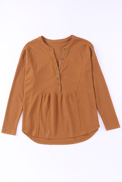 Waffle Knit Half Button Henley Top | Brown