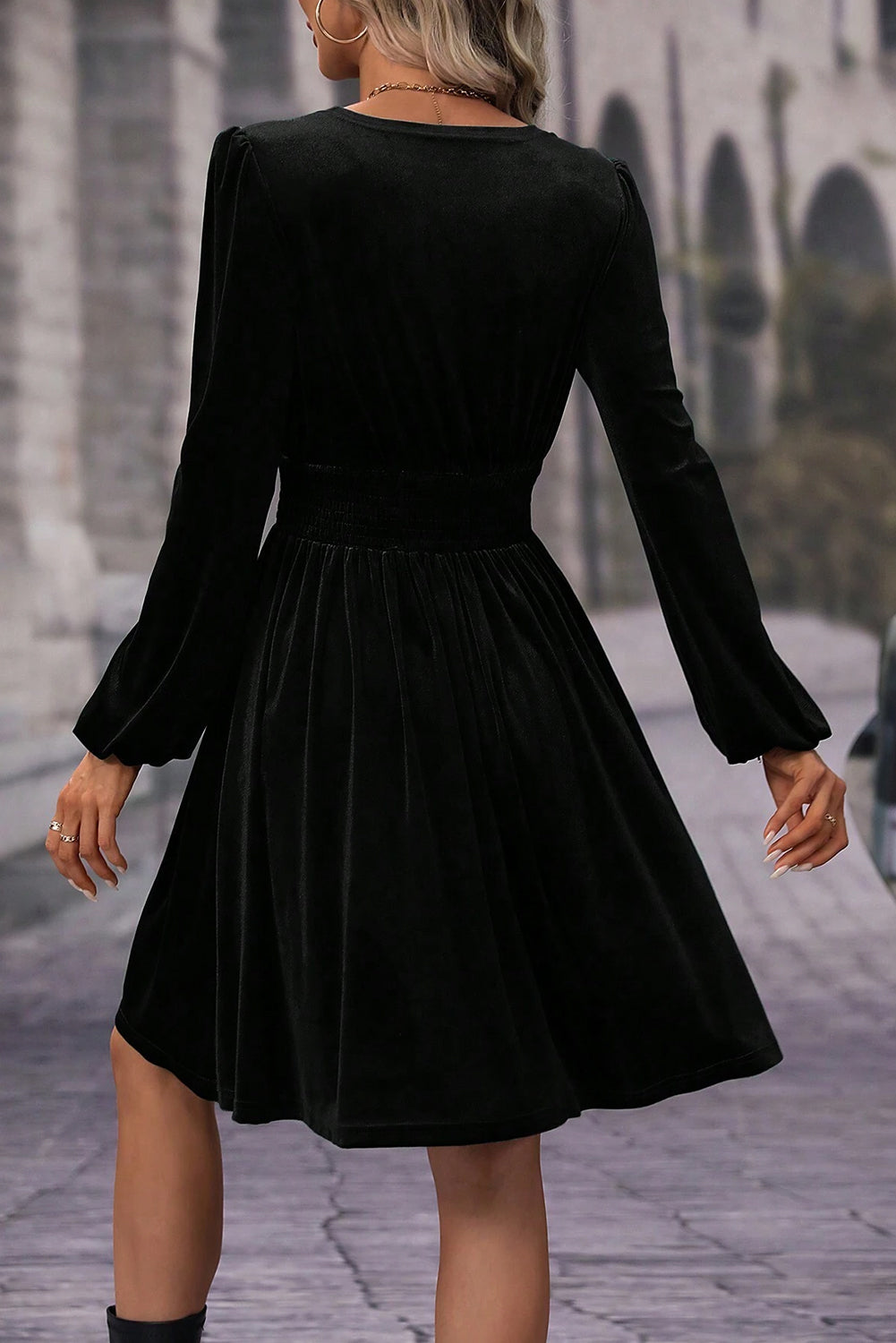 Velvet Long Sleeve Surplice High Waist Mini Dress | Black