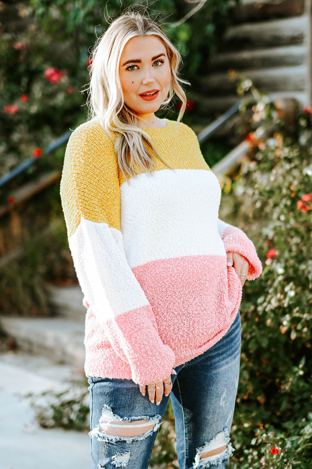 Colourblock Bubble Sleeve Plus Size Sweater | Yellow