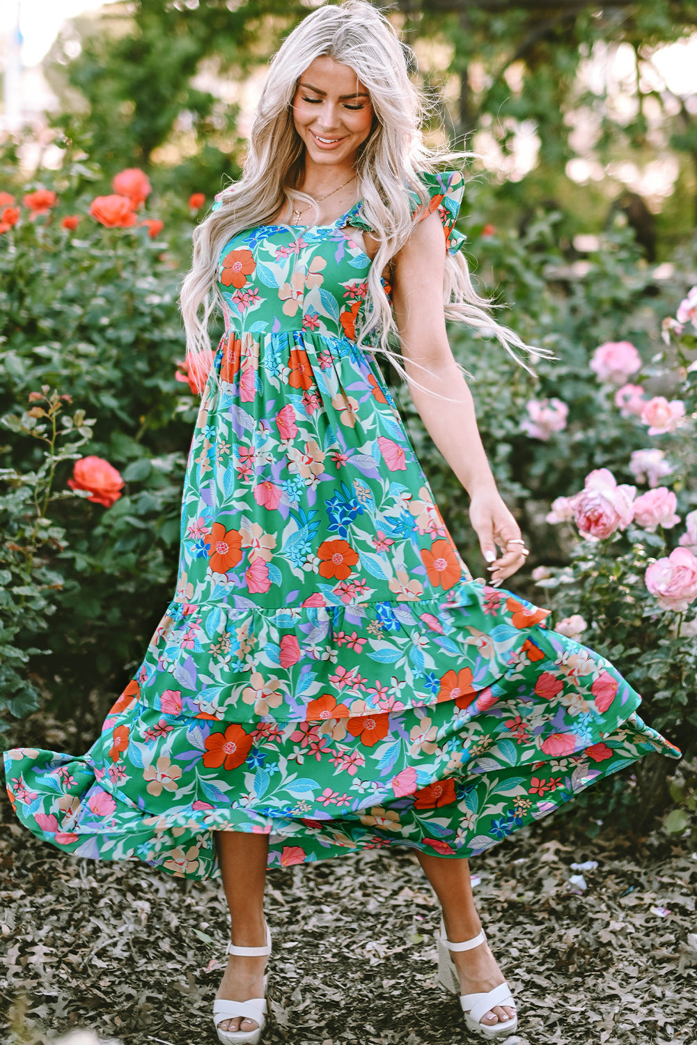 Floral Print Sleeveless Ruffle Tiered Maxi Dress | Green