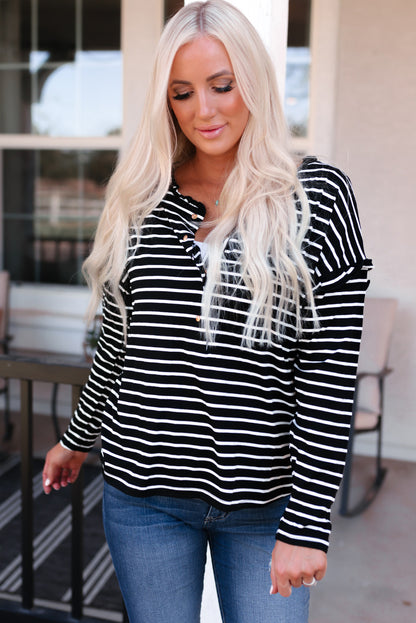 Striped Print Ruffled Buttoned Long Sleeve Top | Black