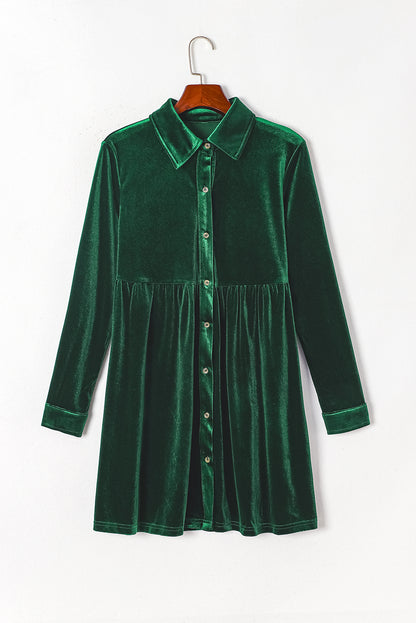 Long Sleeve Ruffle Velvet Button Up Dress | Green