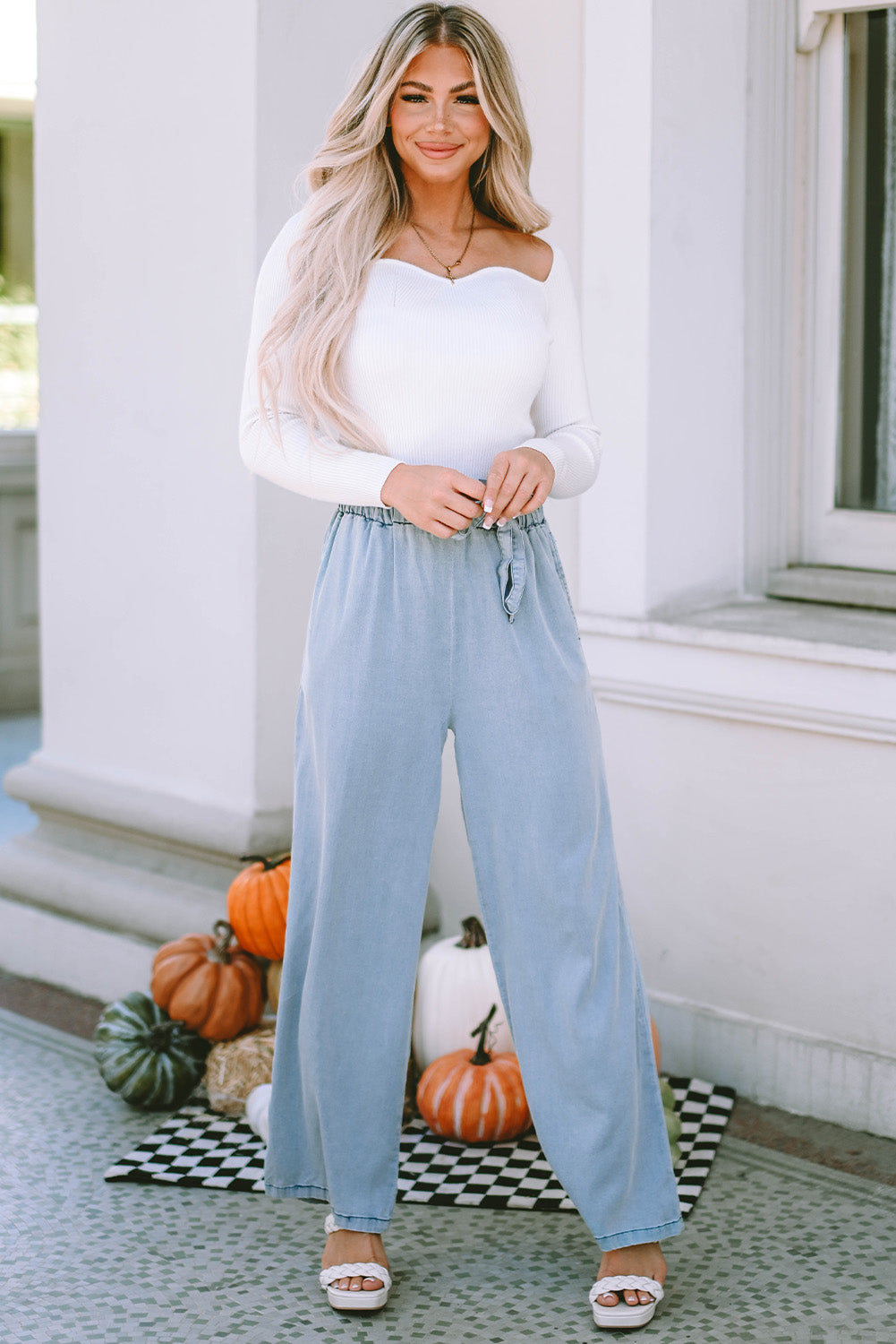 High Waist Pocketed Wide Leg Tencel Jeans | Sky Blue