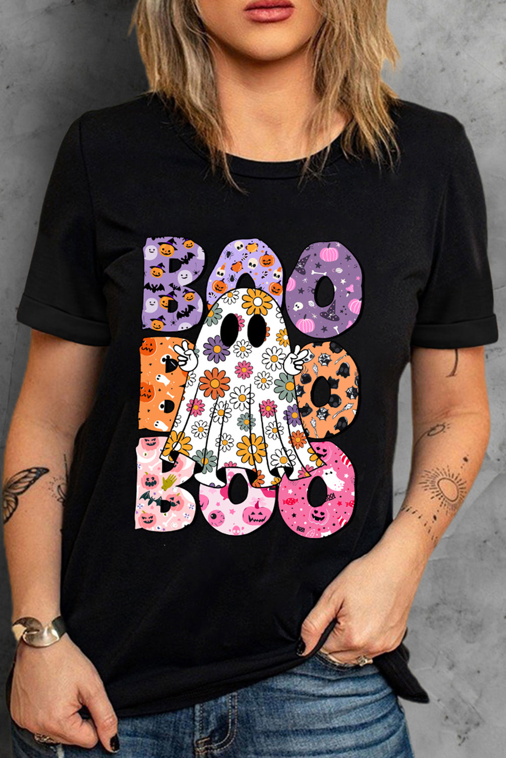 Boo Floral Ghost Print Crew Neck Halloween T Shirt | Black