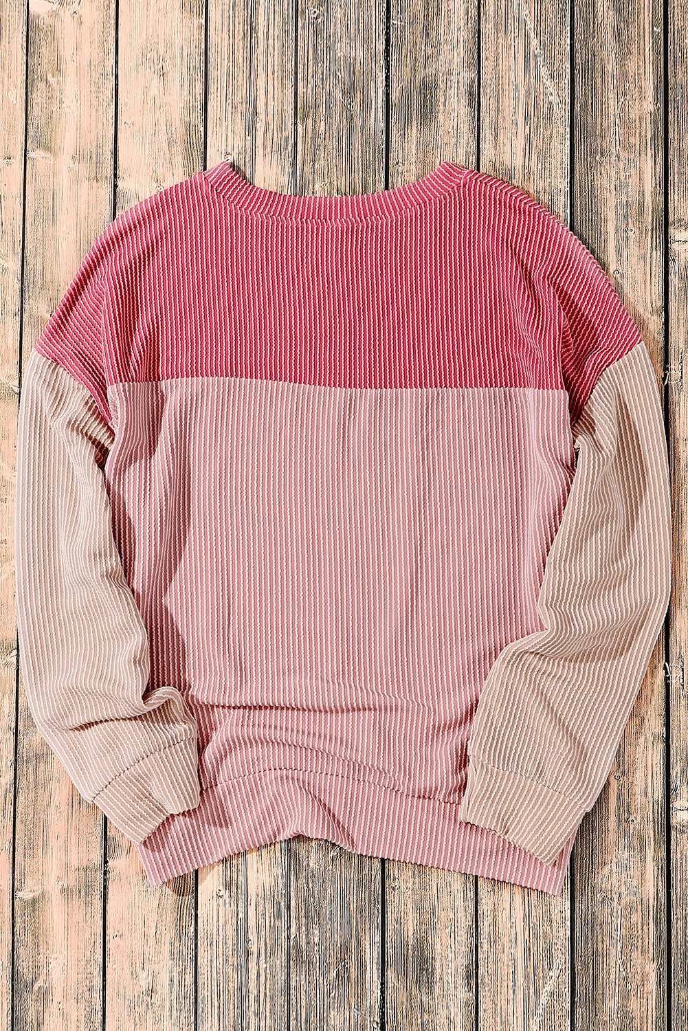 Colour Block Long Sleeve Ribbed Loose Top | Pink