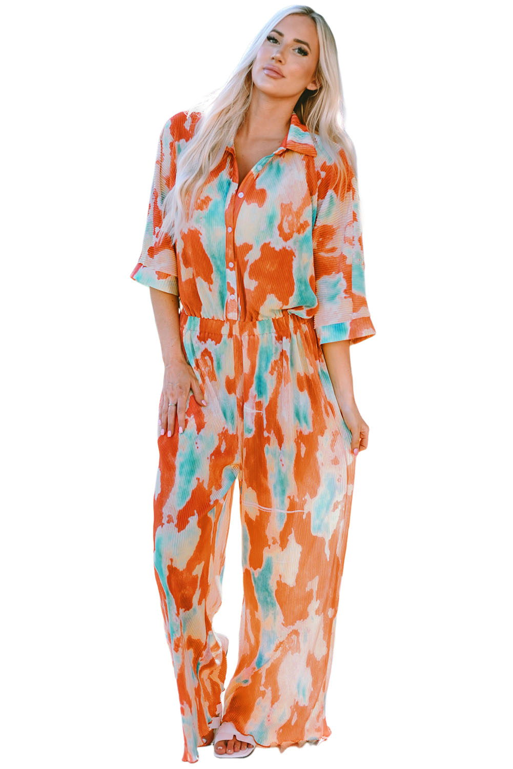 Bohemian Tie Dye Pleated Shirt Collar Loose Jumpsuit | Multicolour