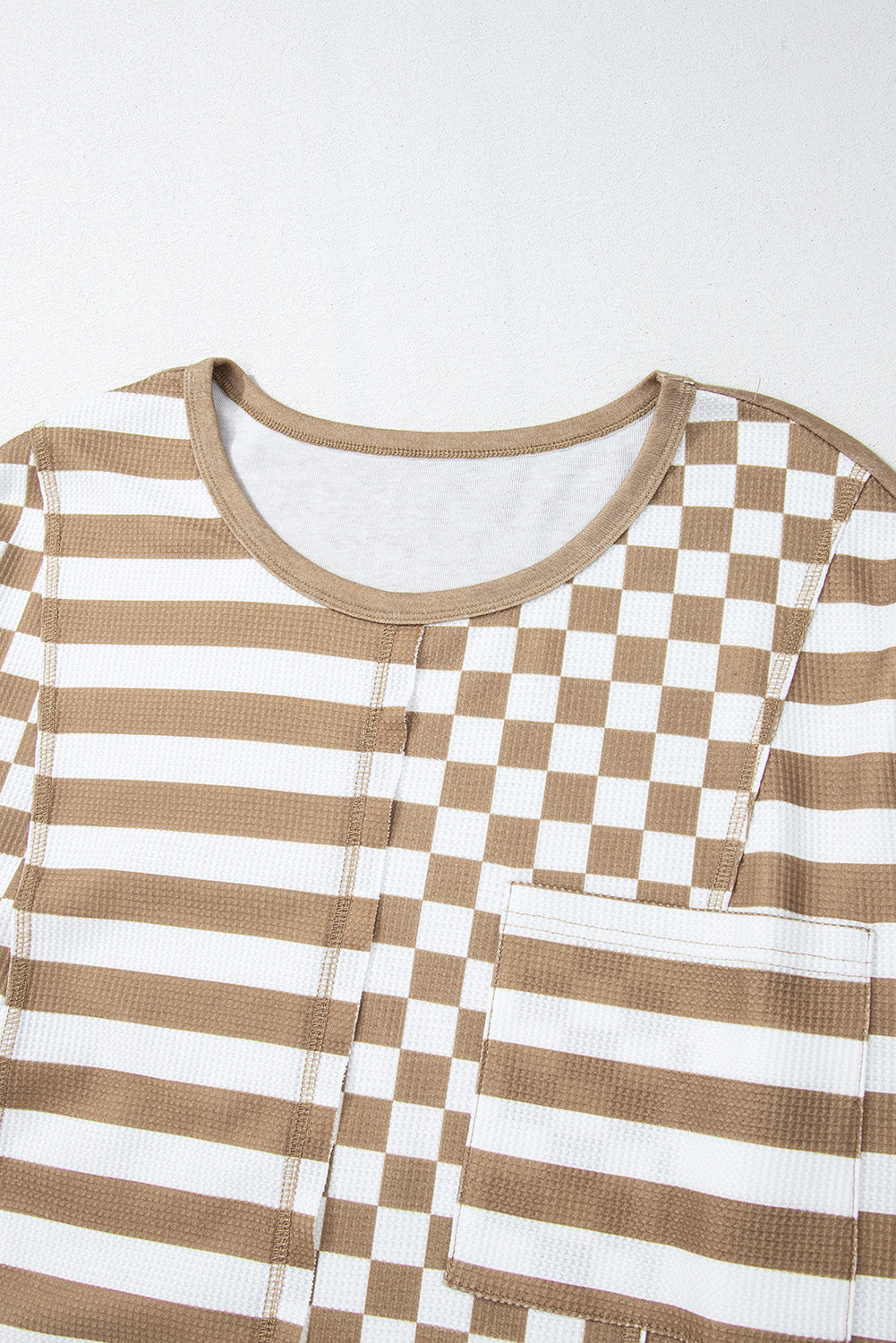 Checkerboard Striped Patchwork Lantern Sleeve Pocketed Blouse | Khaki