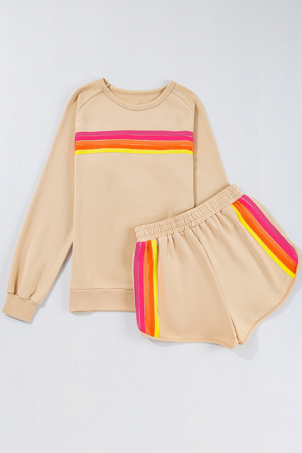 Striped Accent Pullover And Shorts Two Piece Casual Set | Apricot