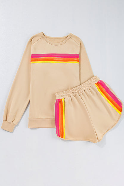 Striped Accent Pullover And Shorts Two Piece Casual Set | Apricot