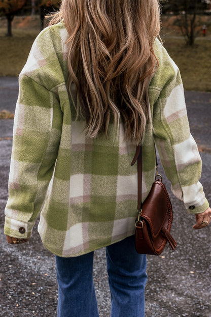 Plaid Print Buttoned Flap Pockets Baggy Shacket | Sage Green