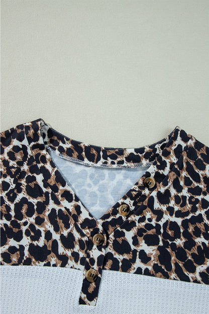 Leopard Waffle Knit Patchwork Button V Neck Top | White