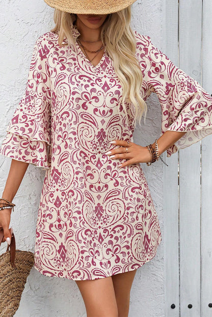 Paisley Print Tiered 3/4 Sleeve Notched Neck Mini Dress | Pink