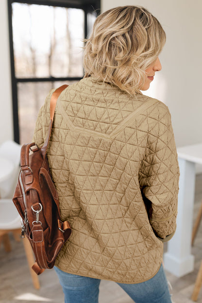 Quilted Button Front Funnel Neck Jacket | Khaki