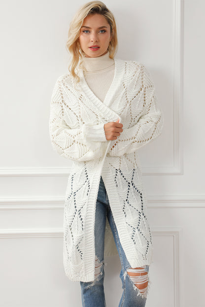 Rhombus Hollowed Knit Open Front Cardigan | White