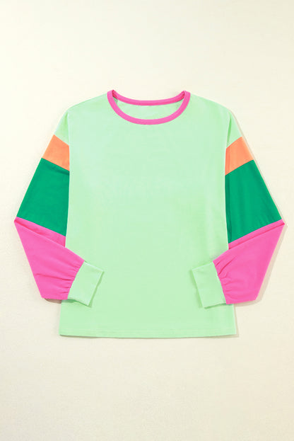 Colourblock Patchwork Long Sleeve Loose Top | Green