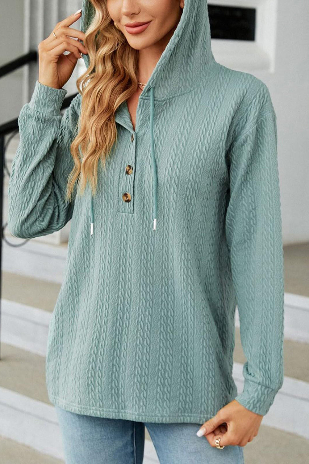 Button Front Textured Drawstring Hooded Long Sleeve Top | Mint Green