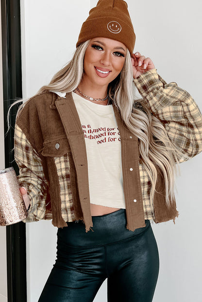 Plaid Patchwork Distressed Hooded Cropped Jacket | Brown