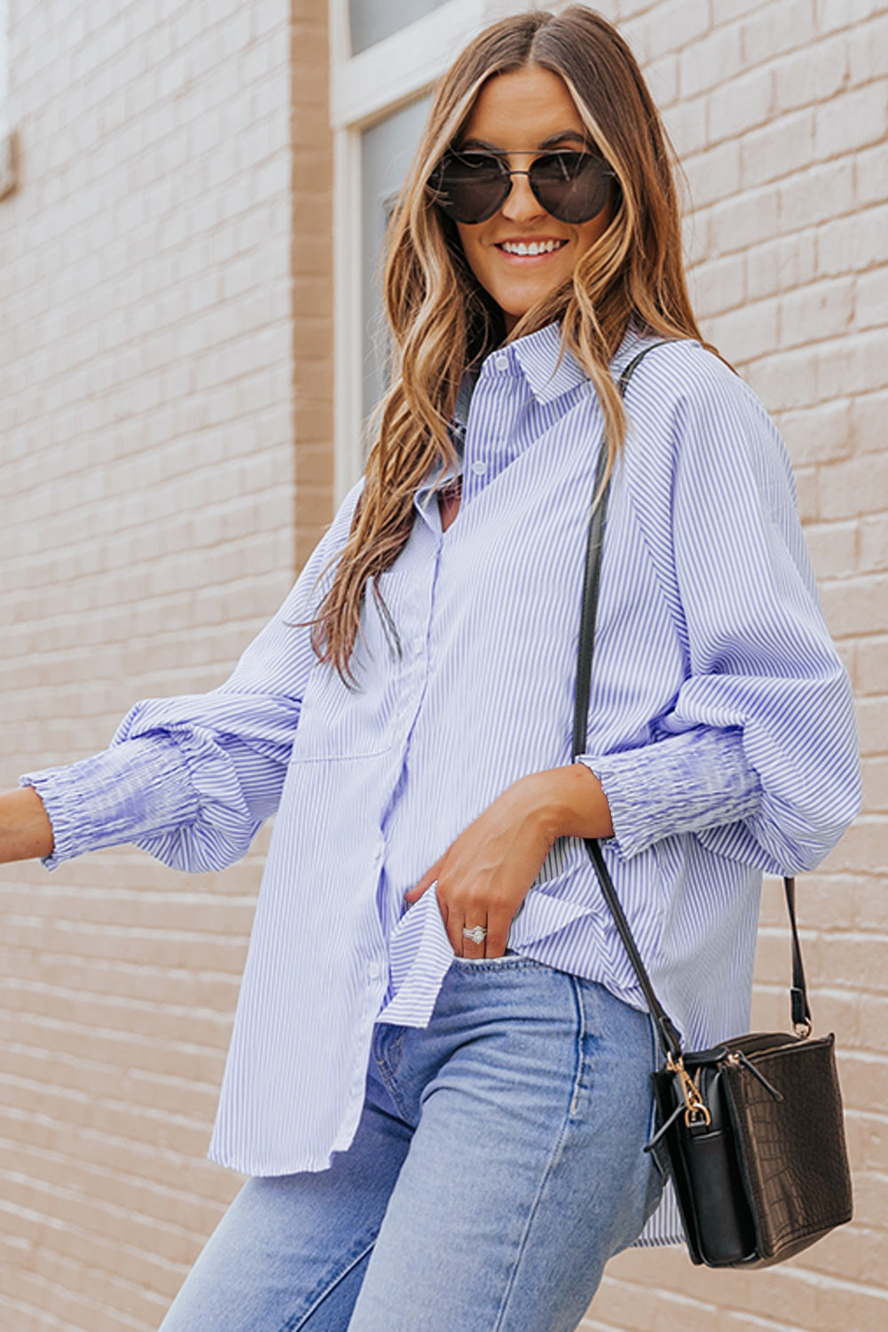 Smocked Cuffed Striped Boyfriend Shirt With Pocket | Sky Blue