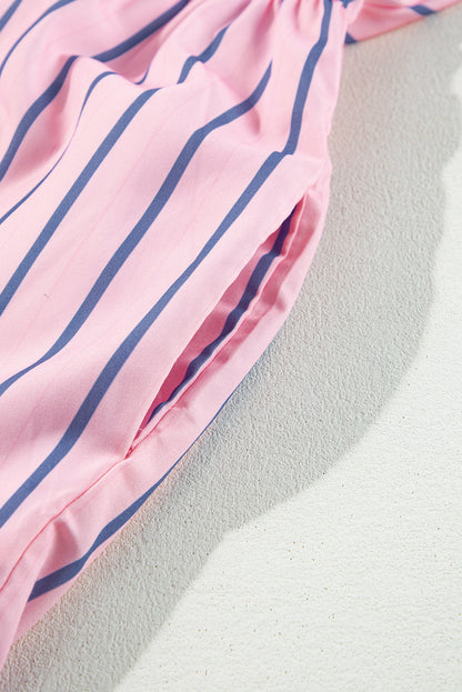 Ruffled Hem Button-Up Collared Shirt Mini Dress | Pink Stripe