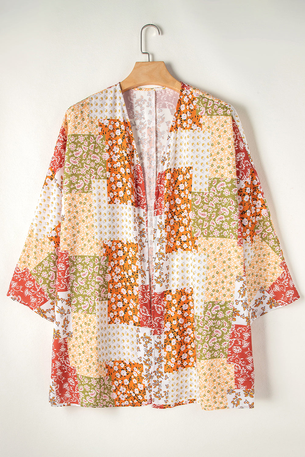 Boho Patchwork Floral Open Front Kimono | White