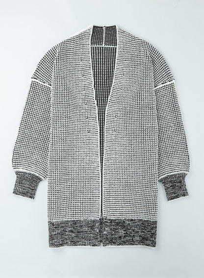 Plaid Knitted Long Open Front Cardigan | Gray