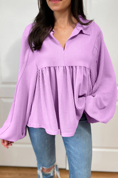 Corded Turn-Down V Neck Bubble Sleeve Babydoll Blouse | Phalaenopsis