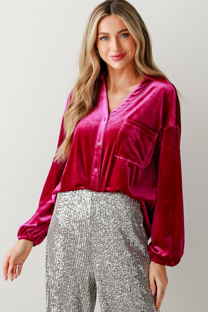 Buttoned V Neck Chest Pocket Velvet Shirt | Pitaya Pink