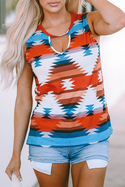 Fiery  Aztec Geometric Print Hollowed Neckline Tank Top | Red