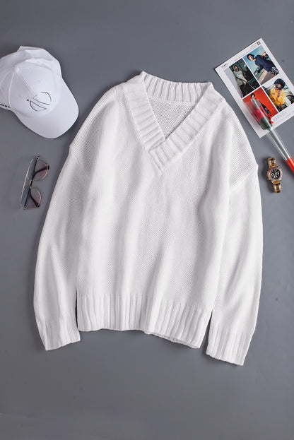 V Neck Drop Shoulder Knitted Sweater | White