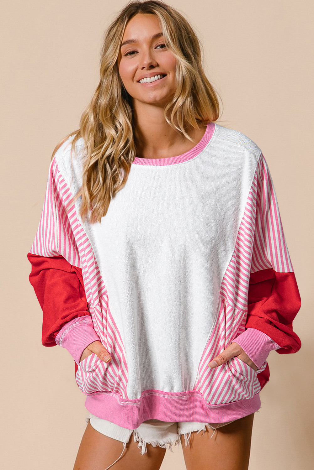 Striped Patchwork Batwing Sleeve Pocketed Sweatshirt | Rose Red