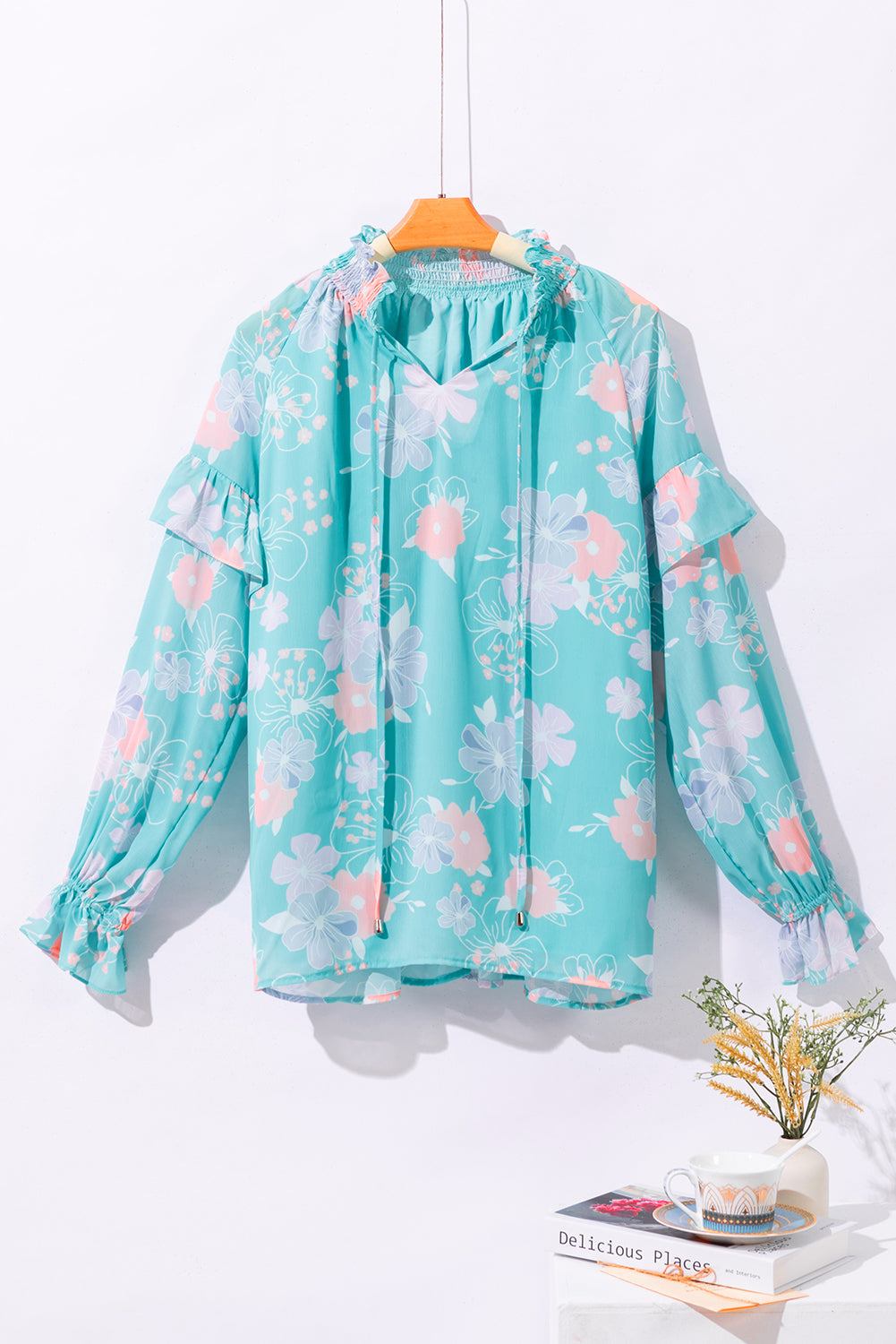 Floral Split Neck Ruffled Puff Sleeve Blouse | Sky Blue