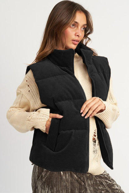 Corduroy Stand Neck Zipped Puffer Vest | Black