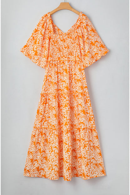 Floral Print Smocked V Neck Wide Sleeve Maxi Dress | Orange