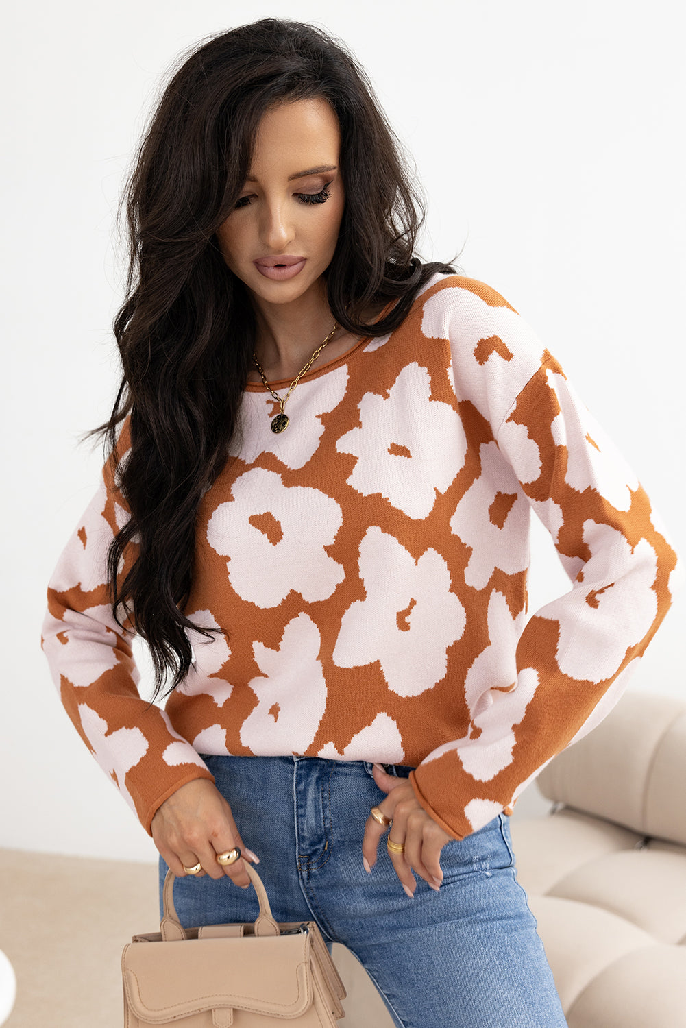 Floral Pattern Crew Neck Long Sleeve Loose Sweater | Brown