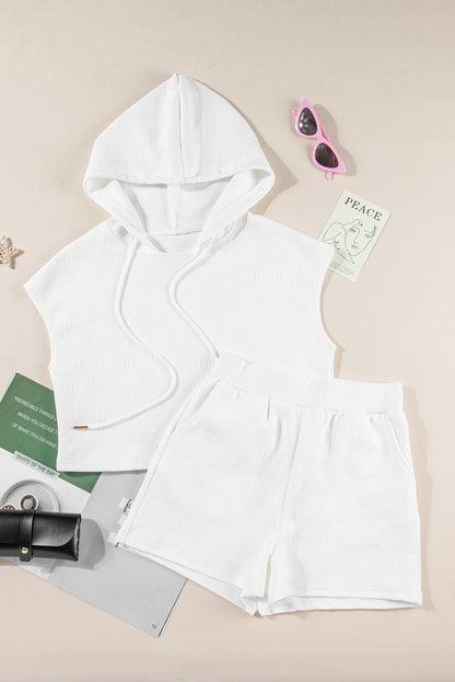 Textured Cropped Hoodie And Shorts Set | White