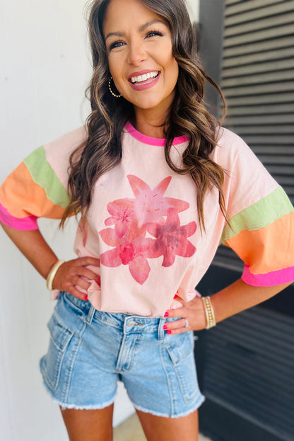 Flower Colour Block Half Sleeve Loose T Shirt | Pink